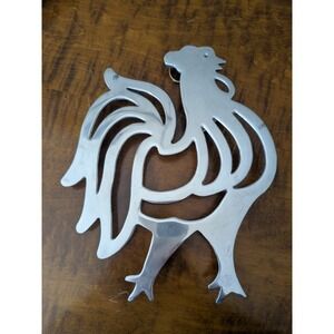 Vintage Cast Aluminum Rooster Trivet Wall Hanging Silver Farmhouse Kitchen Decor